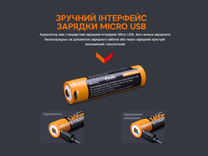 Аккумулятор 18650 Fenix ​​(3400 mAh) micro usb зарядка
