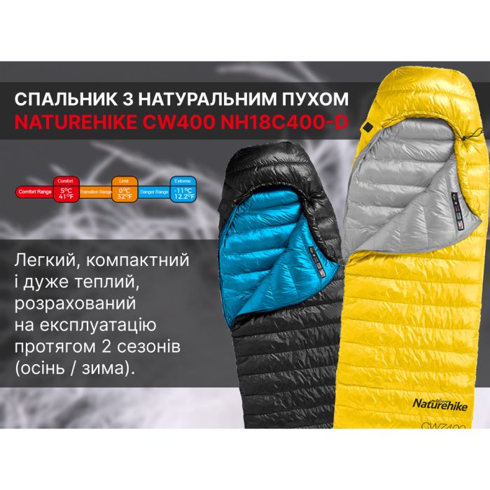 Спальник з натуральним пухом Naturehike CW400 NH18C400-D, p-р L, жовто-сірий