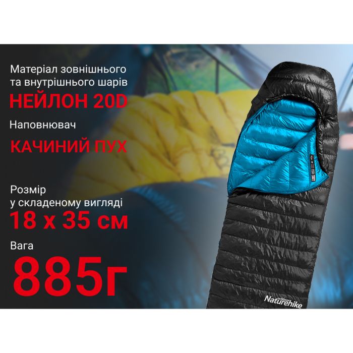 Спальник з натуральним пухом Naturehike CW400 NH18C400-D, p-р M, чорно-блакитний