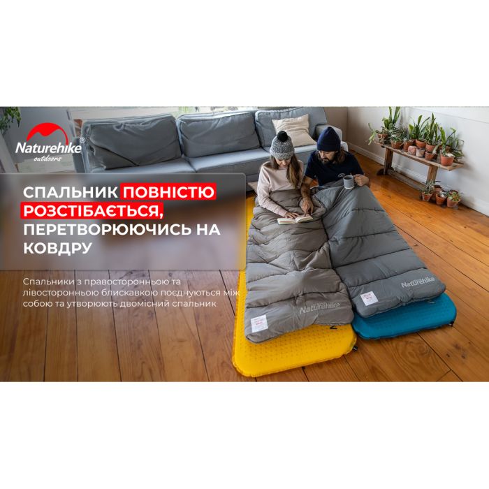 Спальник з капюшоном із звичайним мішком для зберігання Naturehike M400 CNK2350WS023, (1°C), правий, зелений
