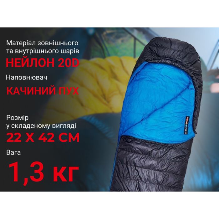 Спальник з натуральним пухом Naturehike CW700 CNK2450WS048, p-р L, чорно-блакитний