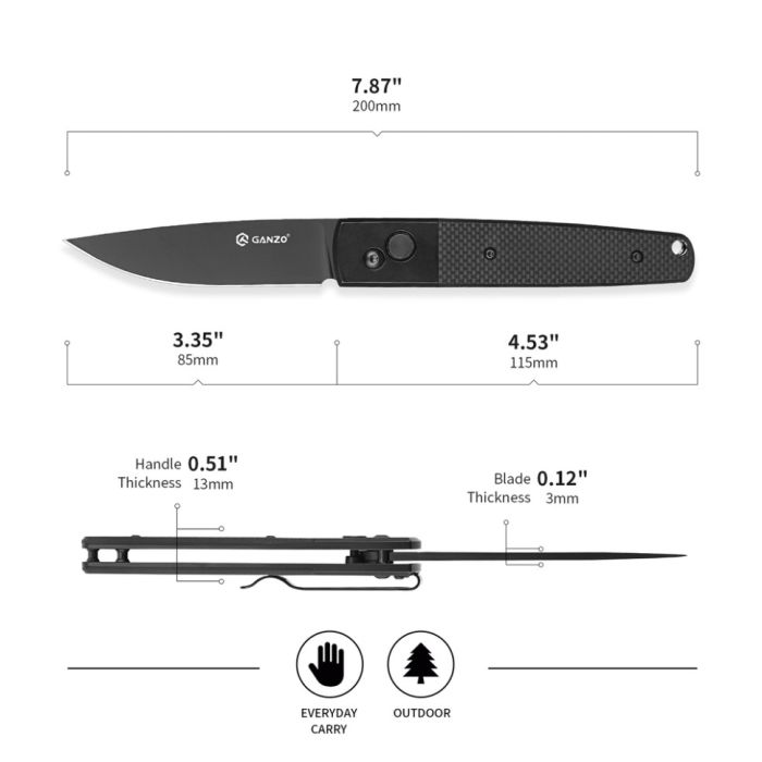 Ніж складаний туристичний Ganzo G721В (8.5 см) 440C / G10 чорний, чорний клинок