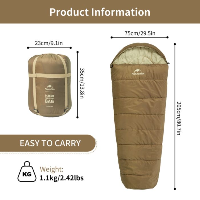 Спальник з капюшоном Naturehike MJ600 CNK2300SD014, коричневий