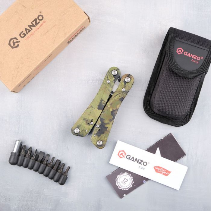 Мультитул Ganzo G107, (16.5 см) 22 функції, камуфляжний + біти та чохол