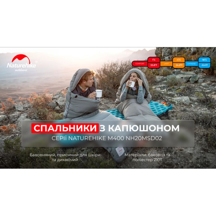 Спальник з капюшоном із звичайним мішком для зберігання Naturehike M400 CNK2350WS023, (1°C), лівий, сірий