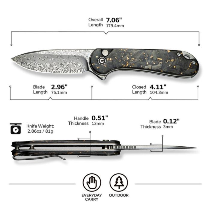 Ніж складаний кишеньковий Civivi Elementum II, (7.5 см) Damascus / Carbon Fiber & Resin