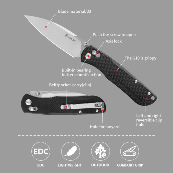 Ніж складаний туристичний Ganzo G771 (8.8 см) D2 / G10 чорний
