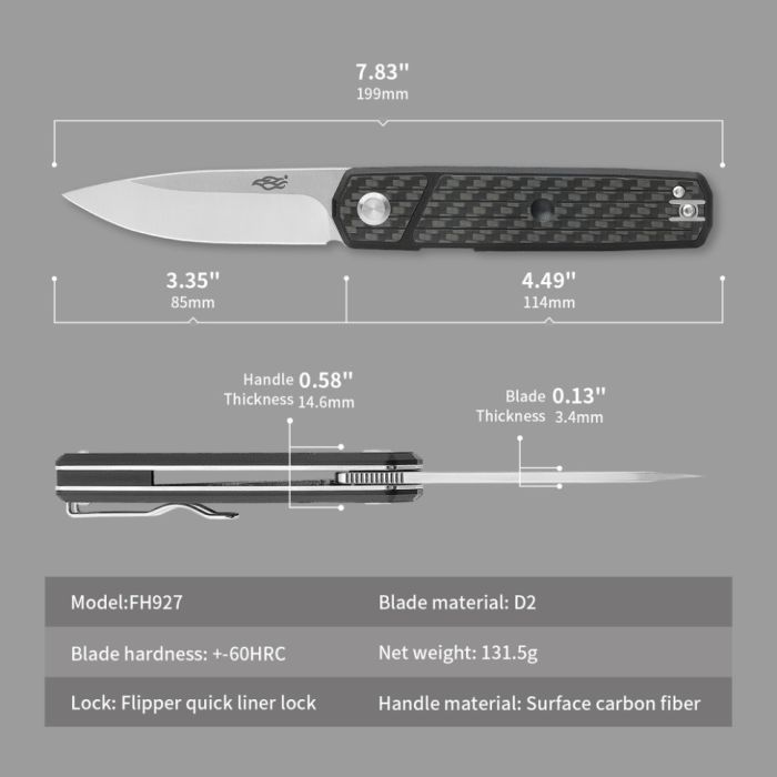 Ніж туристичний Firebird FH927 (8.5 см) D2 / G10 & карбон чорний