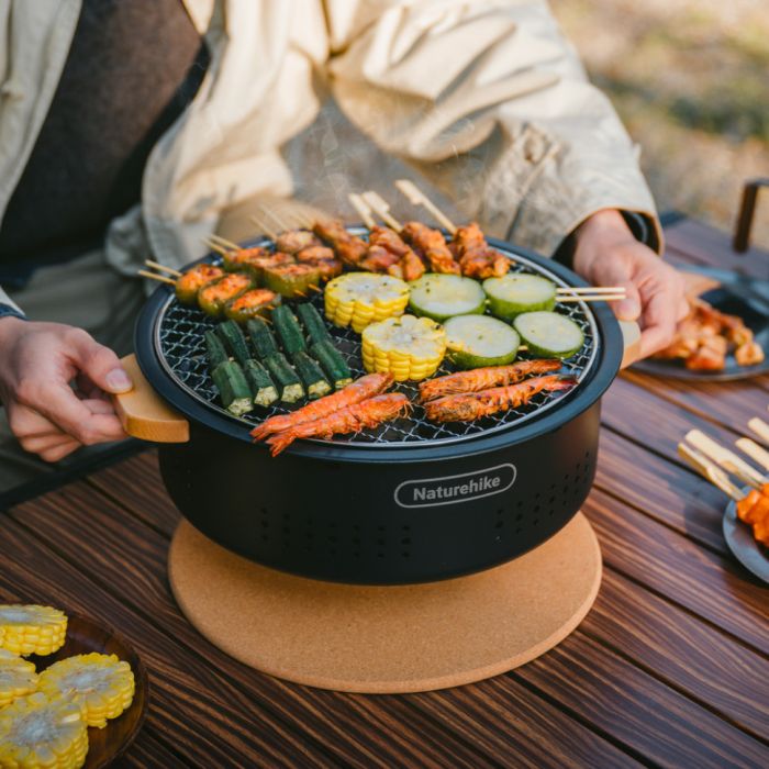 Настільна кругла піч із решіткою гриль та сковорідкою Naturehike CNK2550CF010, 36*32.6*12 см, хромоване залізо