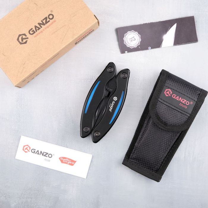 Мультитул Ganzo G109, (16.5 см) 10 функцій, чорний з блакитним + чохол