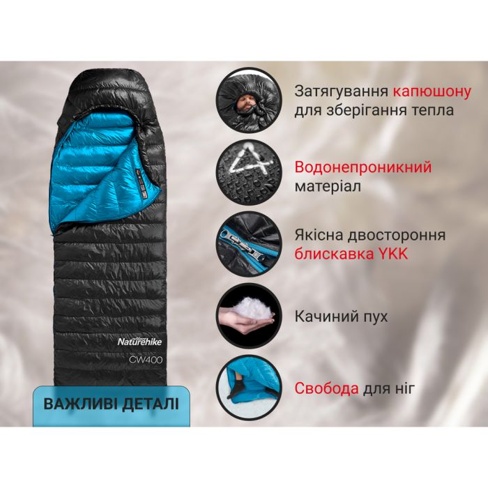Спальник з натуральним пухом Naturehike CW400 NH18C400-D, p-р M, чорно-блакитний