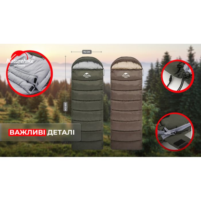 Спальник з капюшоном Naturehike U350S NH20MSD07, (-3°C), правий, темно-зелений
