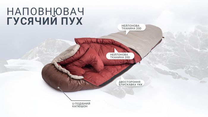 Спальник з натуральним пухом Naturehike Snowbird NH20YD001, p-р L, коричневий 980 г