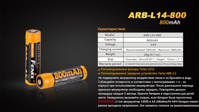 Акумулятор 14500 Fenix (800 mAh)