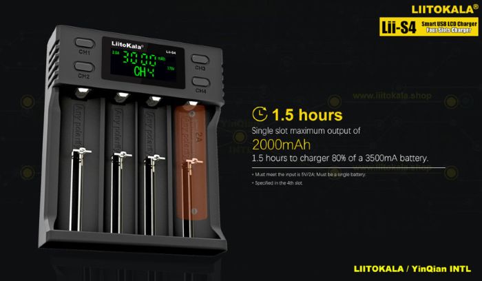 Зарядний пристрій Liitokala Lii-S4, 4 канала, Ni-Mh/Li-ion/LiFePo4, USB, LCD, Box