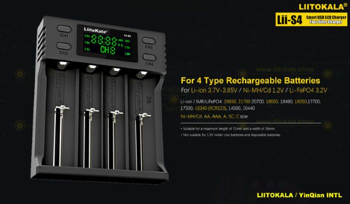 Зарядний пристрій Liitokala Lii-S4, 4 канала, Ni-Mh/Li-ion/LiFePo4, USB, LCD, Box