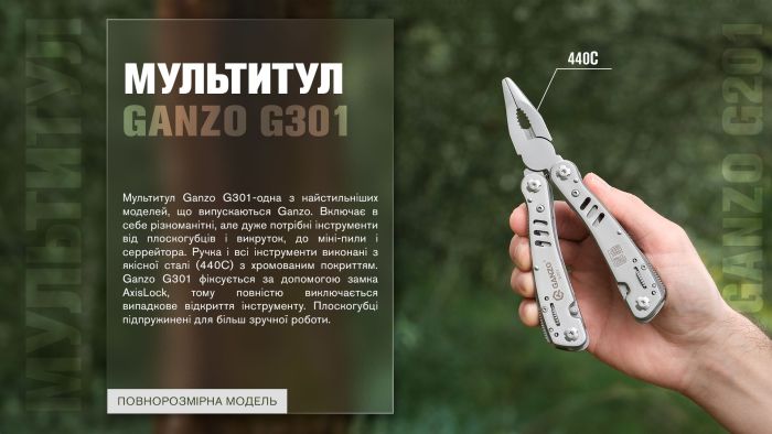 Мультитул Ganzo G301, (16.5 см) 26 функцій, сірий + біти та чохол