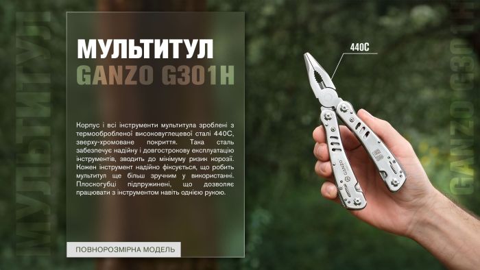 Мультитул Ganzo G301-H, (16.5 см) 26 функцій, хром + біти та чохол