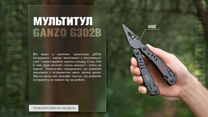 Мультитул Ganzo G302-В, (16.5 см) 26 функцій, чорний + біти та чохол