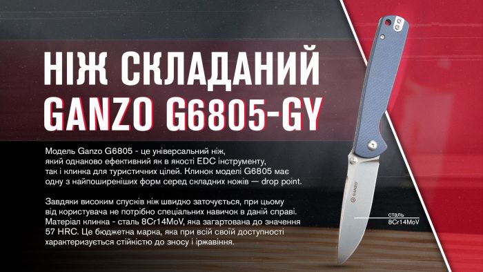 Ніж складаний туристичний Ganzo G6805 (8.6 см) 8Cr14MoV / G10 сірий