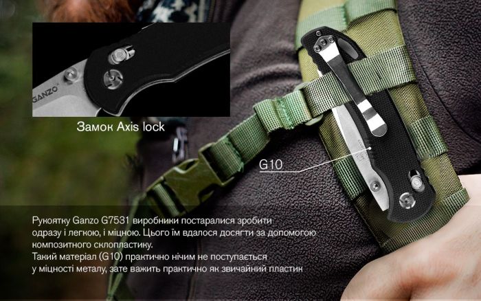 Ніж складаний туристичний Ganzo G7531 (8.9 см) 440С / G10 чорний