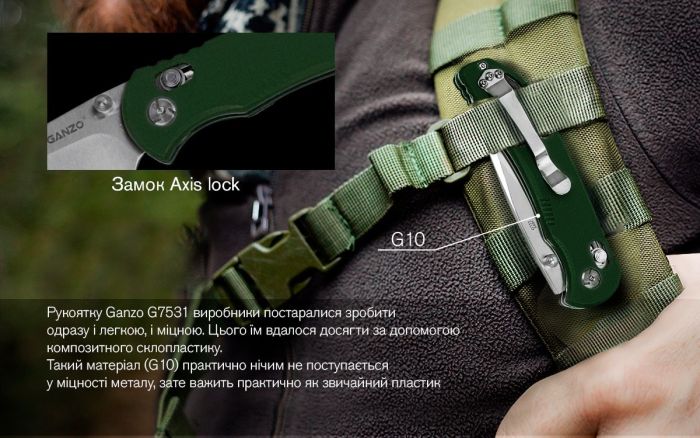 Ніж складаний туристичний Ganzo G7531 (8.9 см) 440С / G10 зелений