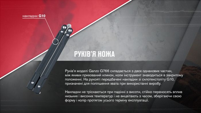 Нiж метелик (балiсонг) Ganzo G766 (8.9 см) 440С / G10 чорний