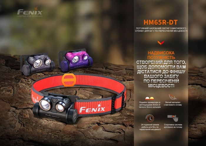 Ліхтар налобний для бігу Fenix HM65R-DT, бузковий