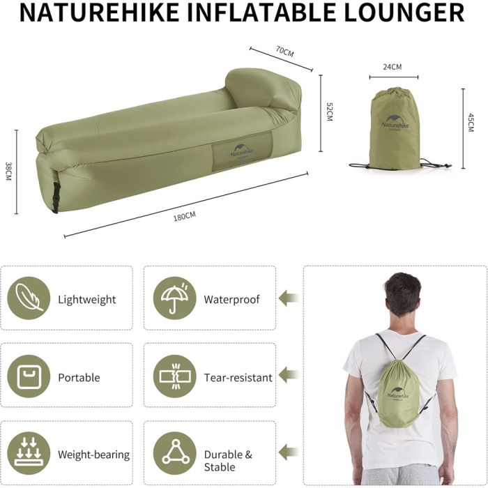 Матрац, ламзак надувний Naturehike NH20FCD06, 180х70х52 см, оливковий, має чохол-рюкзак